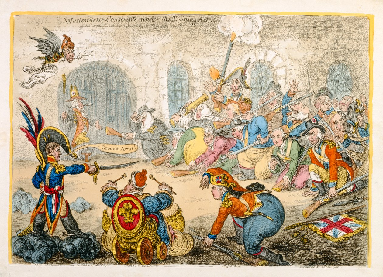 Reclutas de Westminster bajo la Ley de Entrenamiento, publicado por Hannah Humphrey en 1806 de James Gillray