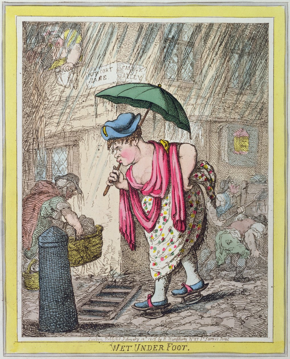 Mojado bajo los pies, publicado por Hannah Humphrey en 1812 de James Gillray
