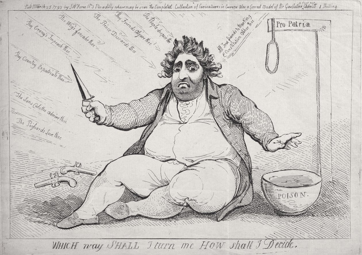 ¿Hacia dónde debo girarme, cómo debo decidirme?, publicado por S.W. Fores en 1793 de James Gillray