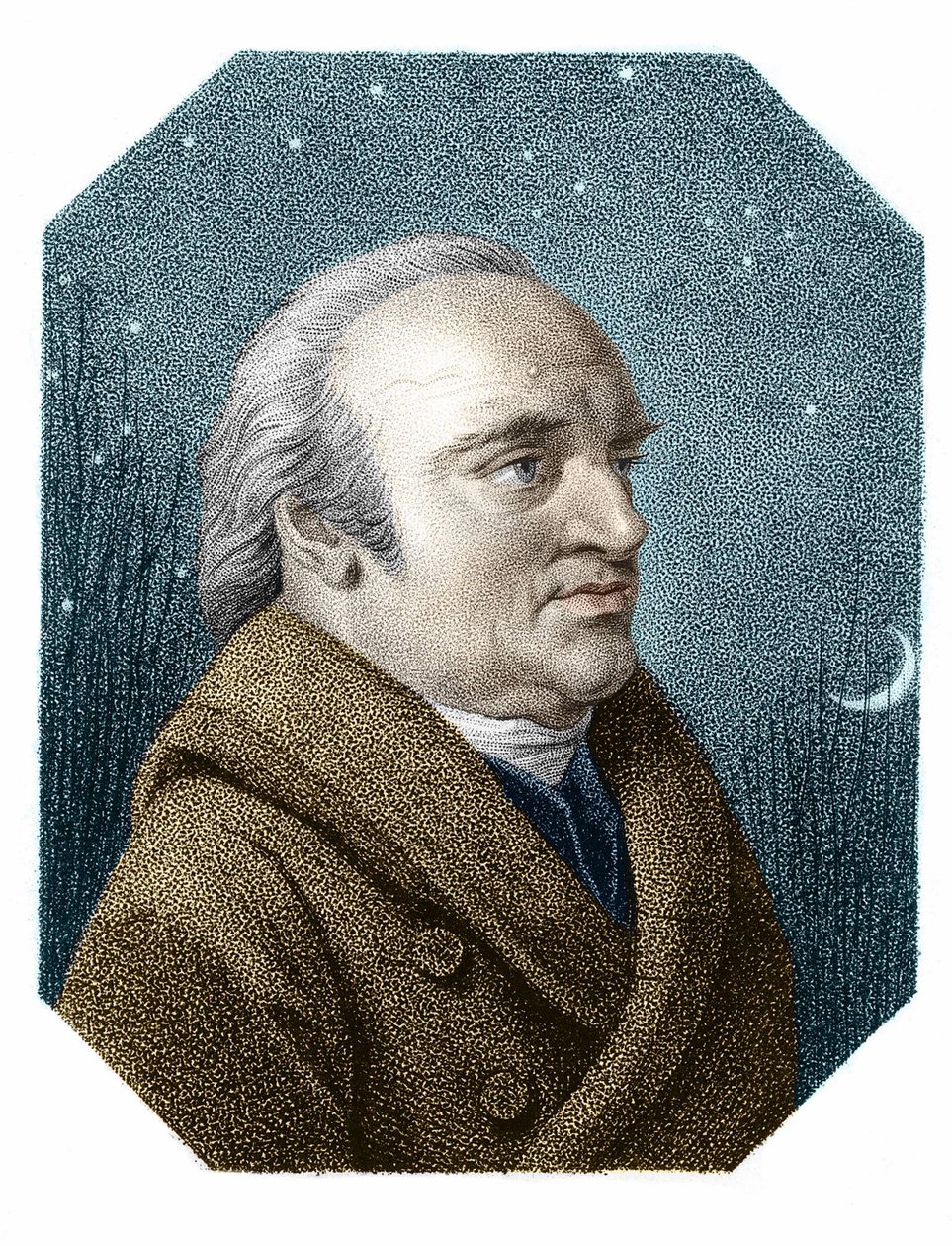 Retrato de William Herschel (1738 - 1822) sobre un fondo de cielo estrellado - de un grabado en cobre de James Godby de James Godby