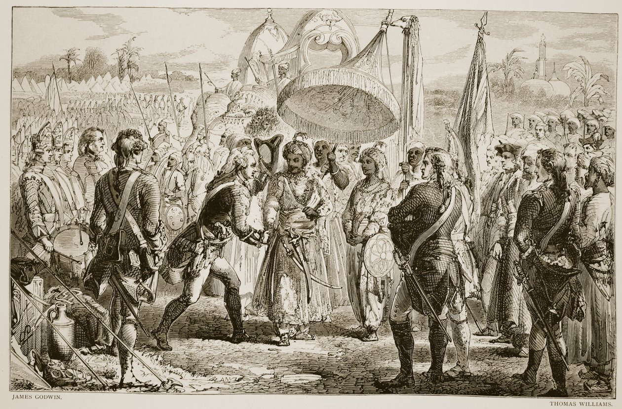 El encuentro de Lord Clive con Meer Jaffier, después de la Batalla de Plassey, grabado por Thomas Williams de James Godwin