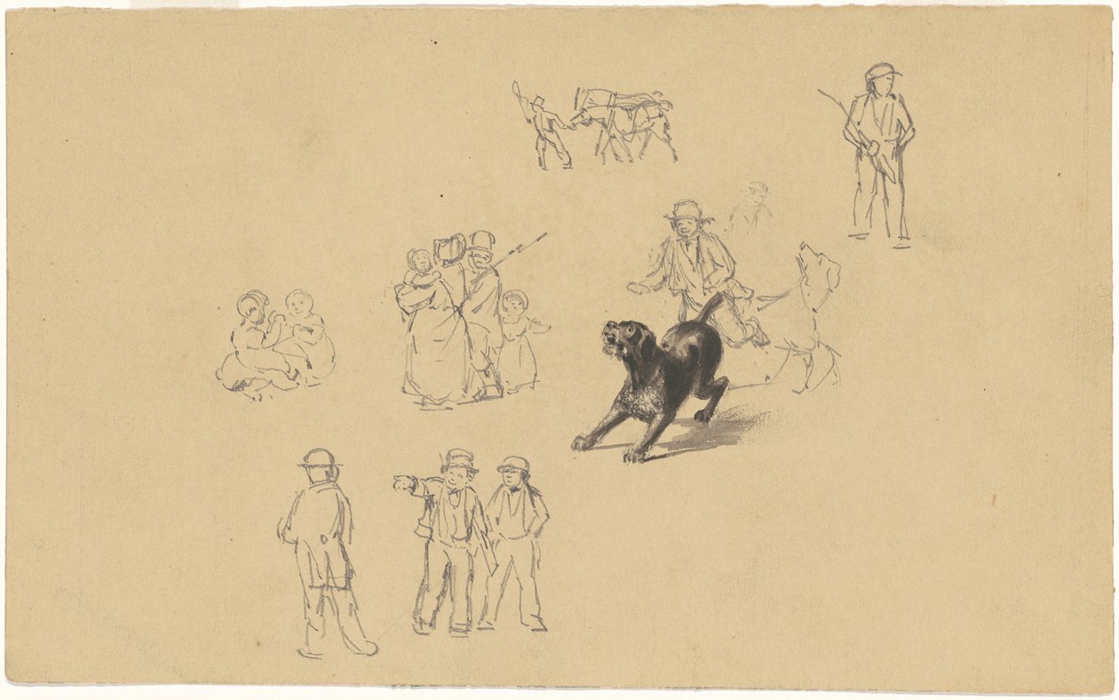 Perro ladrando y estudios para "Entrenamiento de milicia" de James Goodwyn Clonney
