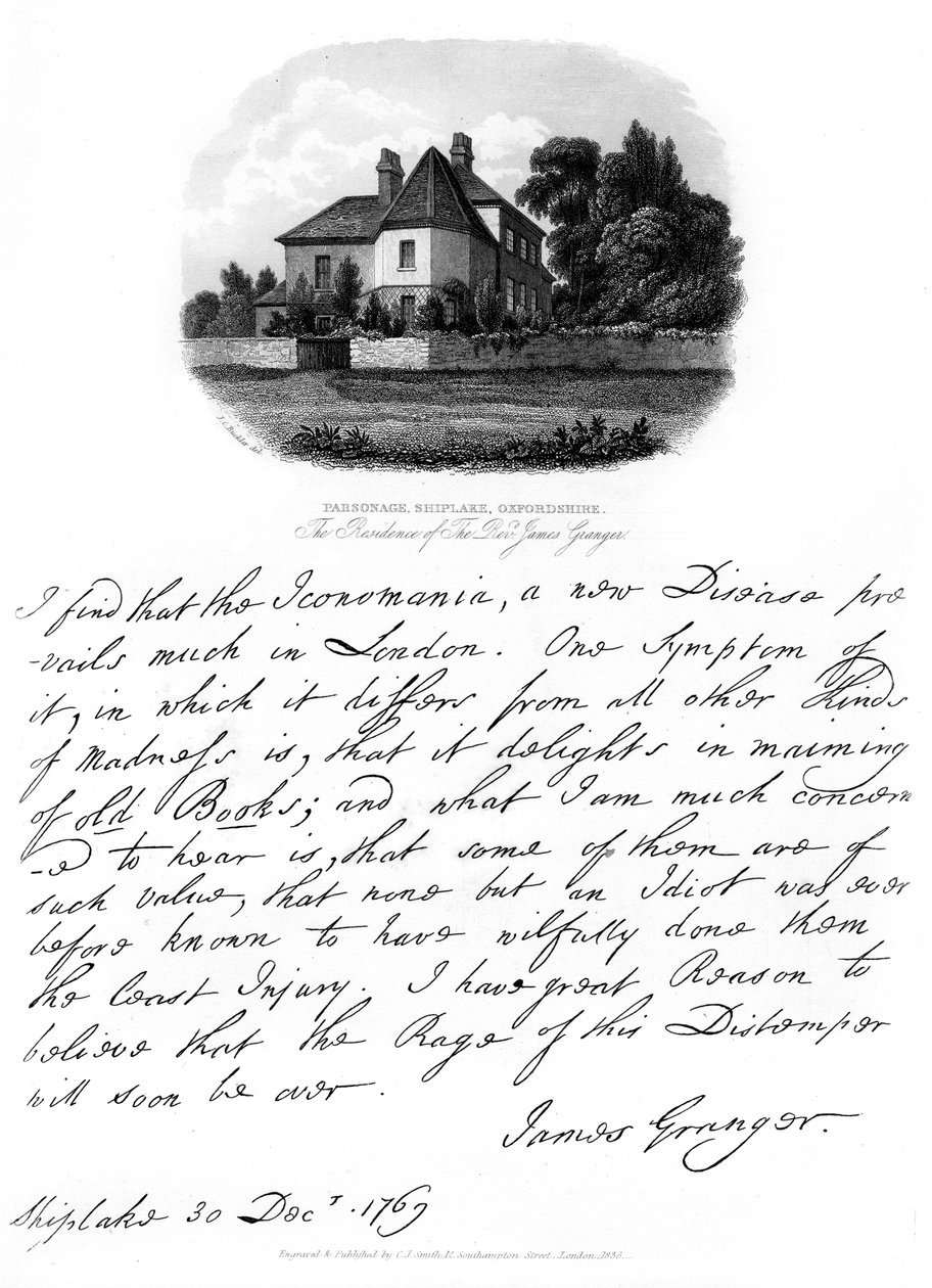 Una carta del reverendo James Granger y una vista de su residencia en Shiplake de James Granger