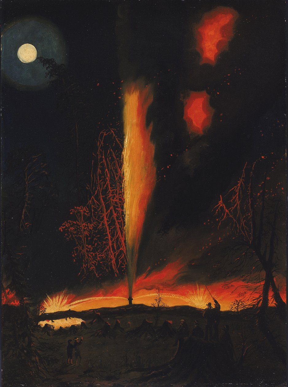Pozo de petróleo en llamas por la noche, cerca de Rouseville, Pensilvania de James Hamilton