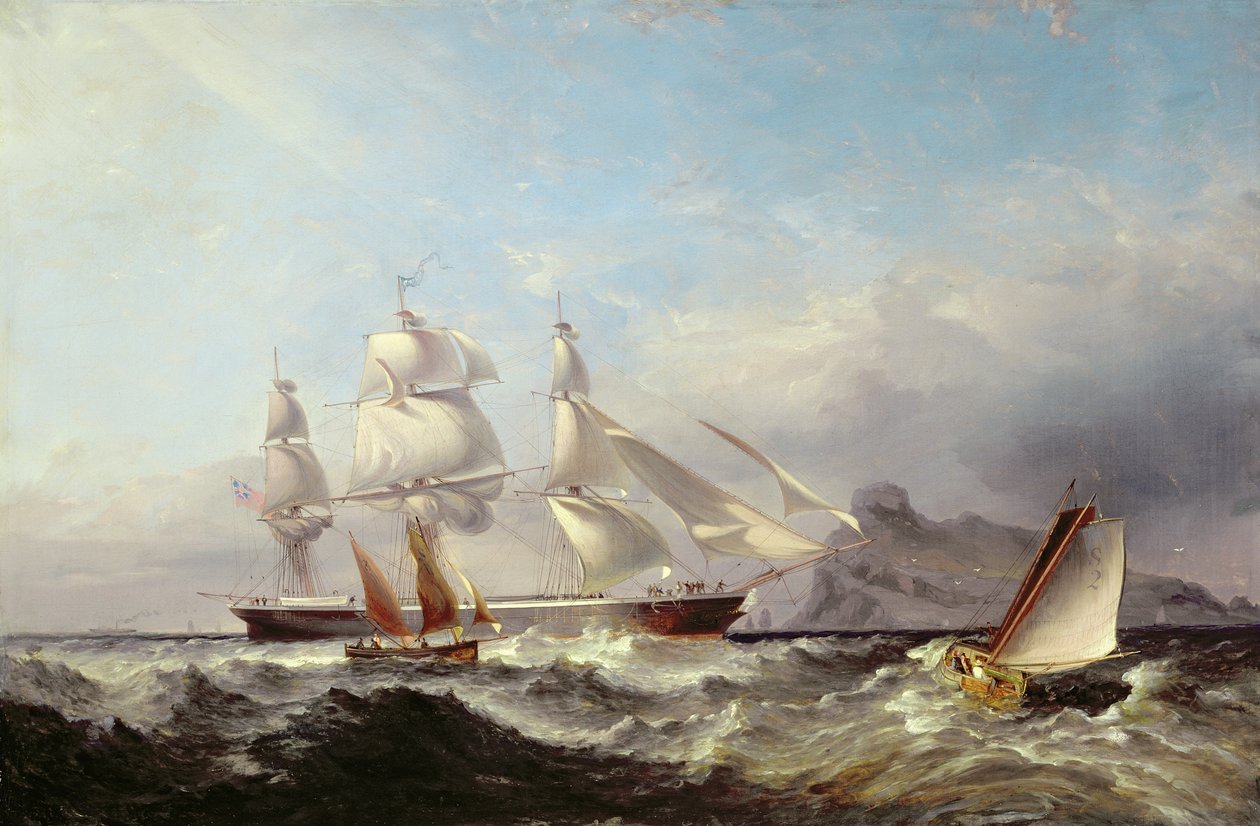 Un barco clipper frente al faro de Mumbles, Swansea de James Harris of Swansea