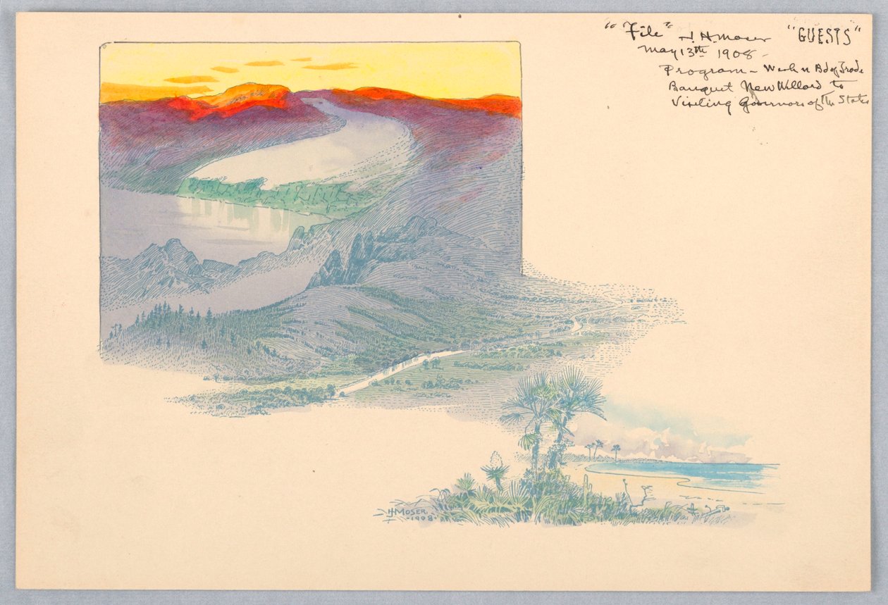 Tres Paisajes, Prueba Impresa para el Diseño de la Cena de la Junta de Comercio de Washington, 13 de mayo de 1908 de James Henry Moser