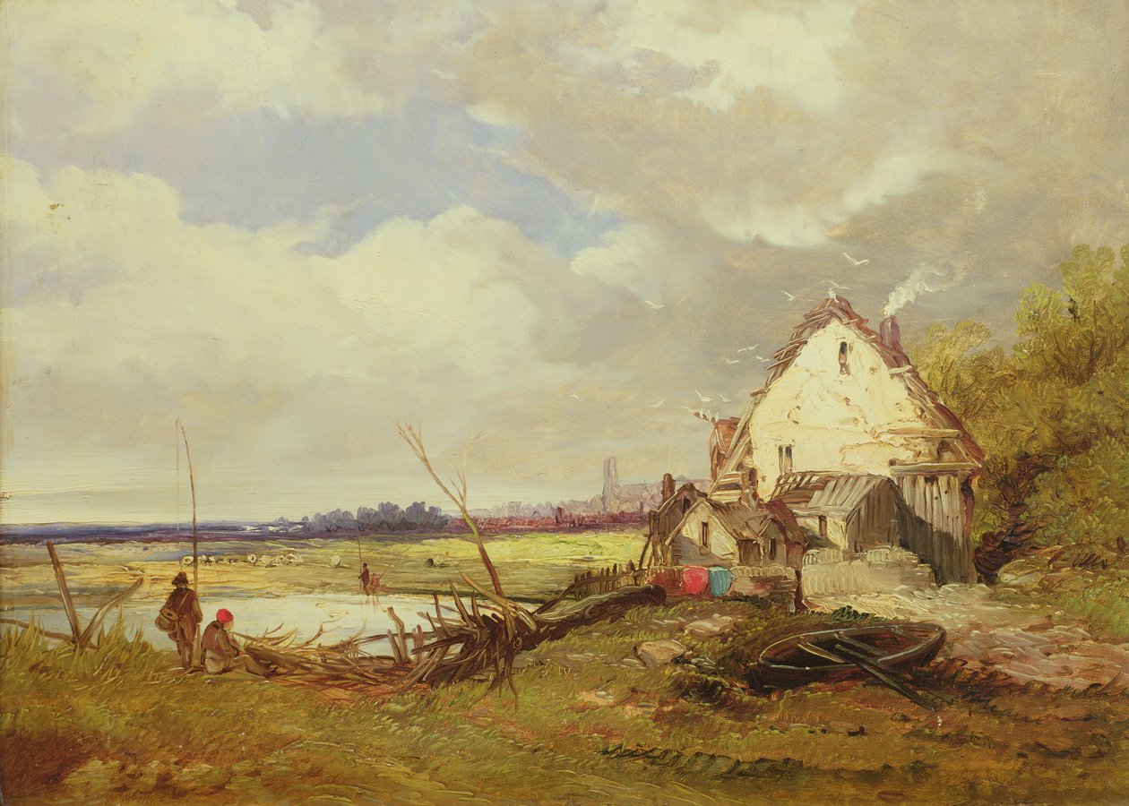 Pescadores junto a una cabaña en la orilla del río de James Holland