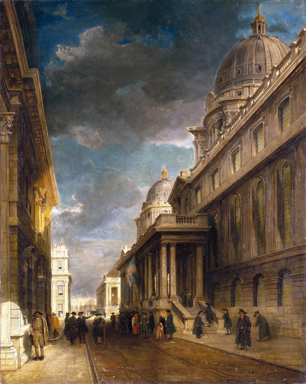 Hospital de Greenwich (Inglaterra) (ahora College Walk), visto desde el oeste hacia Grand Square. Óleo sobre lienzo de James Holland