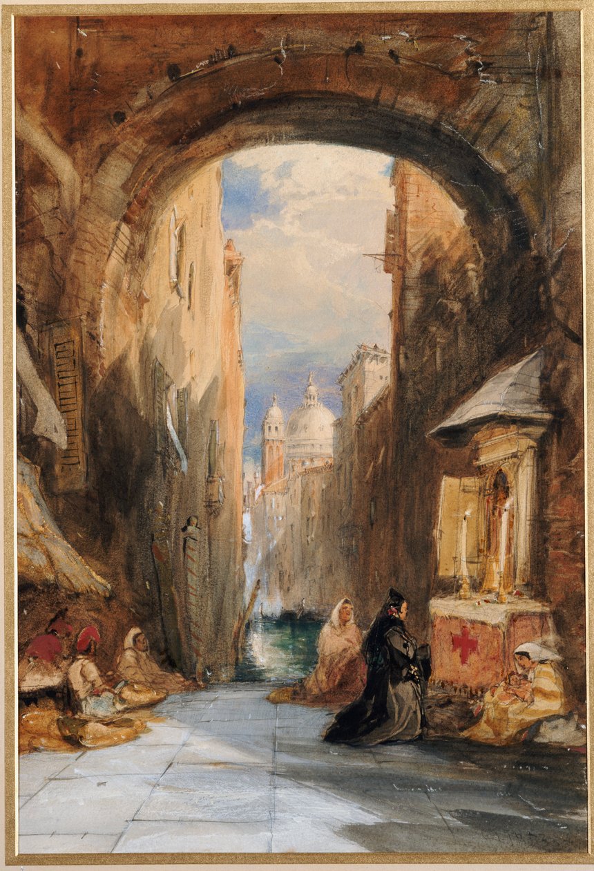 Venecia: una edicola bajo un arco, con Santa Maria della Salute en la distancia, 1853 de James Holland
