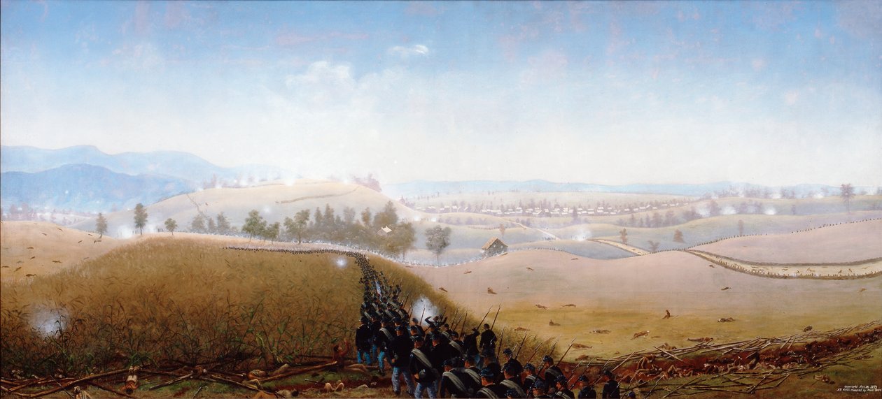 El 7º Maine avanzando sobre cadáveres de confederados en el "Camino Hundido" (óleo sobre lienzo) de James Hope
