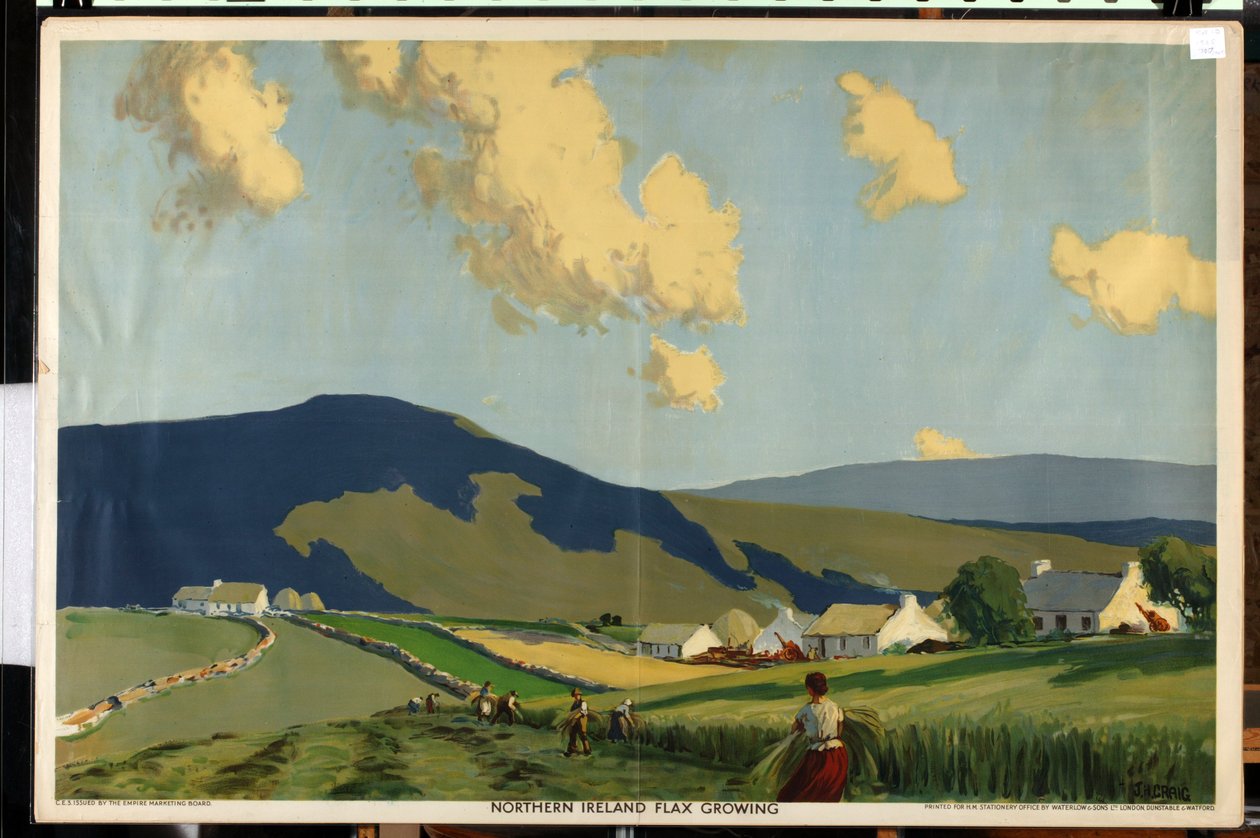 Irlanda del Norte - Flax Growing, de la serie "The Home Countries First" (litografía en color) de James Humbert Craig