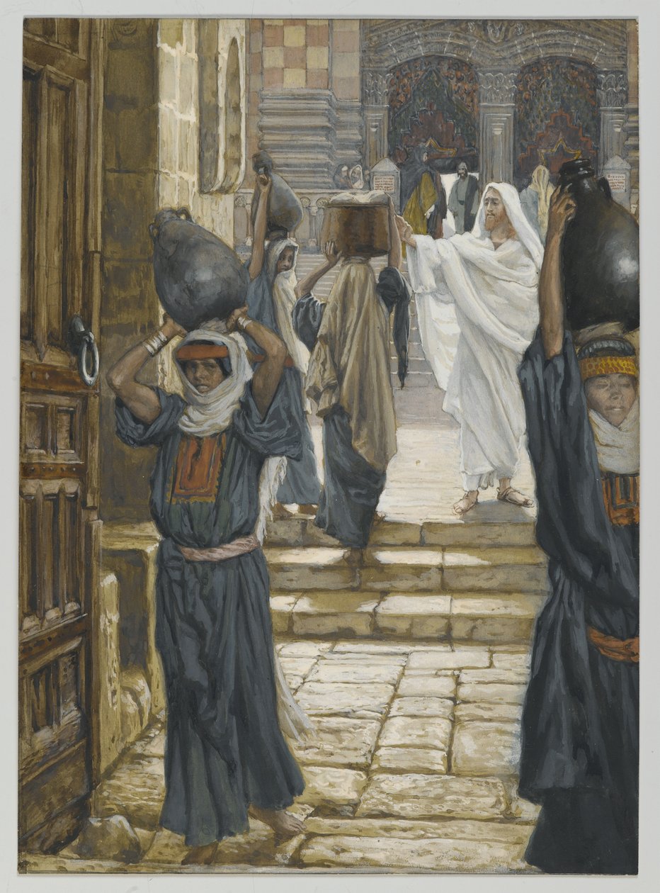 Jesús prohíbe llevar cargas en el atrio del templo, ilustración de La vida de Nuestro Señor Jesucristo, 1886-94 de James Jacques Joseph Tissot