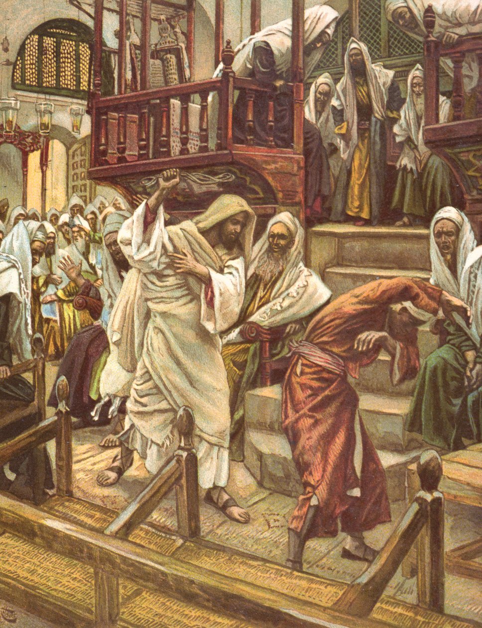 Jesús sana a un hombre poseído por un demonio en la sinagoga, ilustración para 