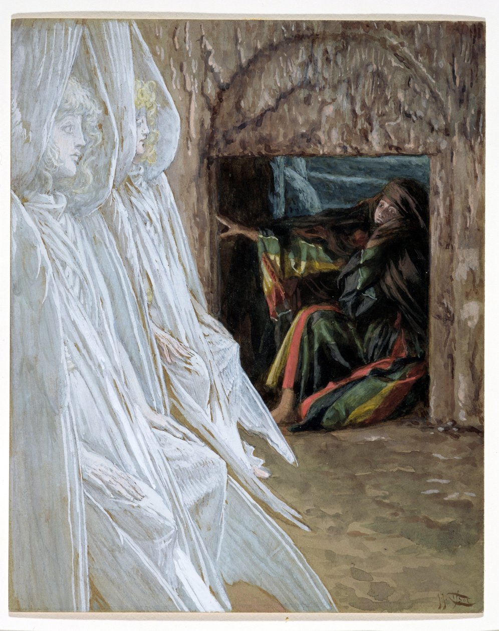 María Magdalena pregunta a los ángeles en la tumba, ilustración de La Vida de Cristo, c.1886-94 de James Jacques Joseph Tissot