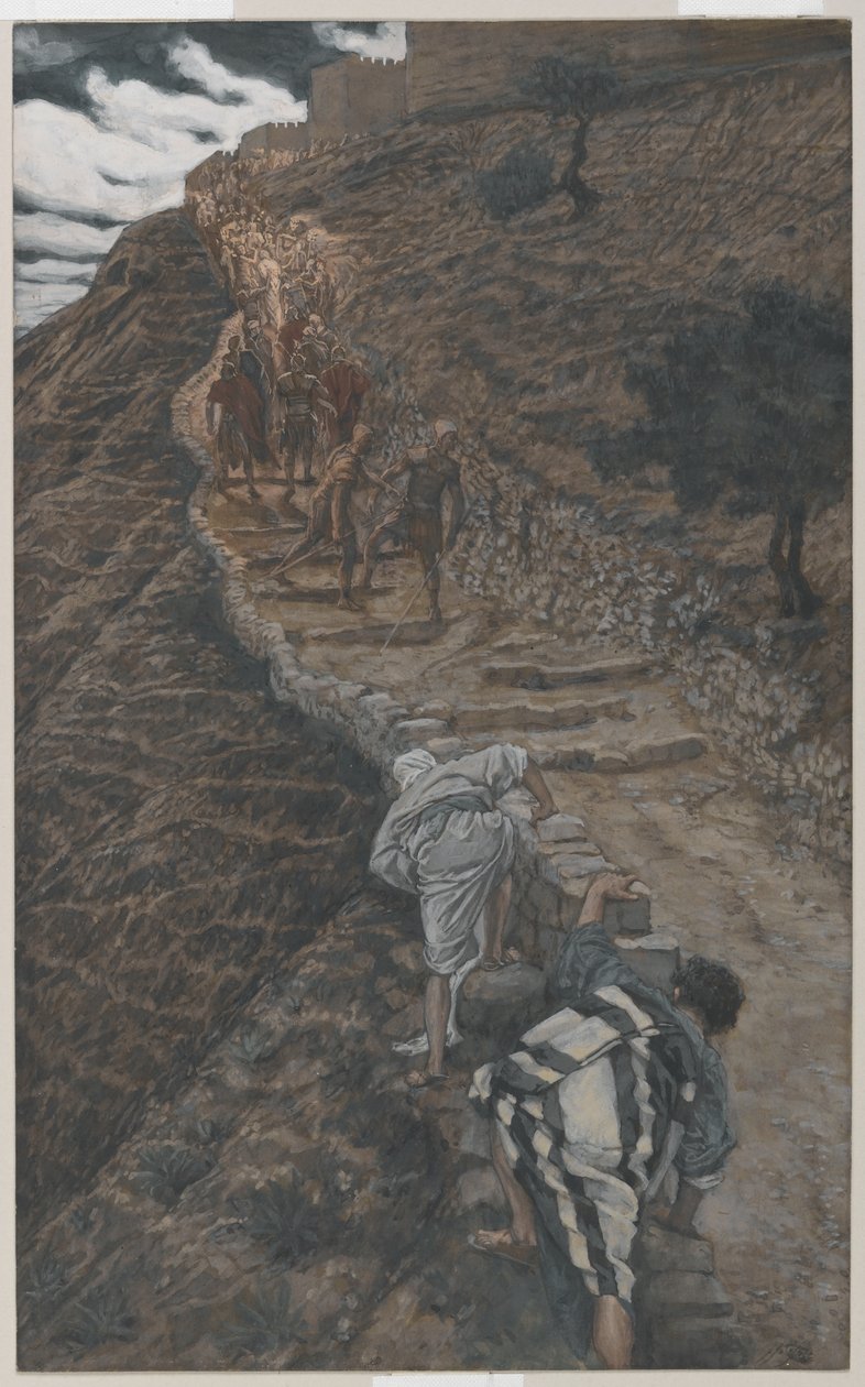 San Pedro y San Juan siguen de lejos, ilustración de La vida de Nuestro Señor Jesucristo, 1886-94 de James Jacques Joseph Tissot