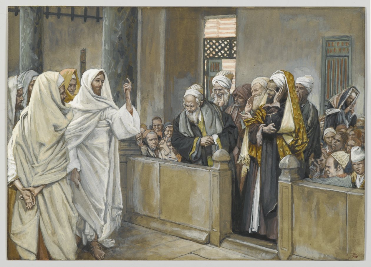 Los sumos sacerdotes preguntan a Jesús con qué derecho actúa de esta manera, ilustración de La vida de Nuestro Señor Jesucristo, 1886-94 de James Jacques Joseph Tissot