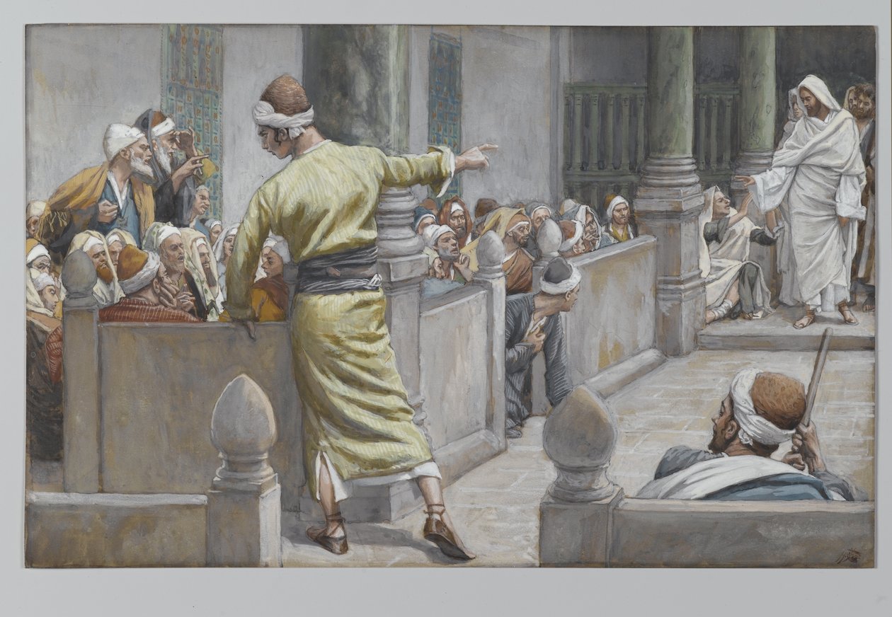 El ciego curado cuenta su historia a los judíos, ilustración de La vida de nuestro Señor Jesucristo, 1886-96 de James Jacques Joseph Tissot