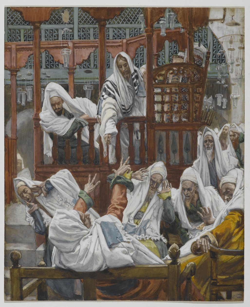 El hombre poseído en la sinagoga, ilustración de La vida de nuestro Señor Jesucristo de James Jacques Joseph Tissot