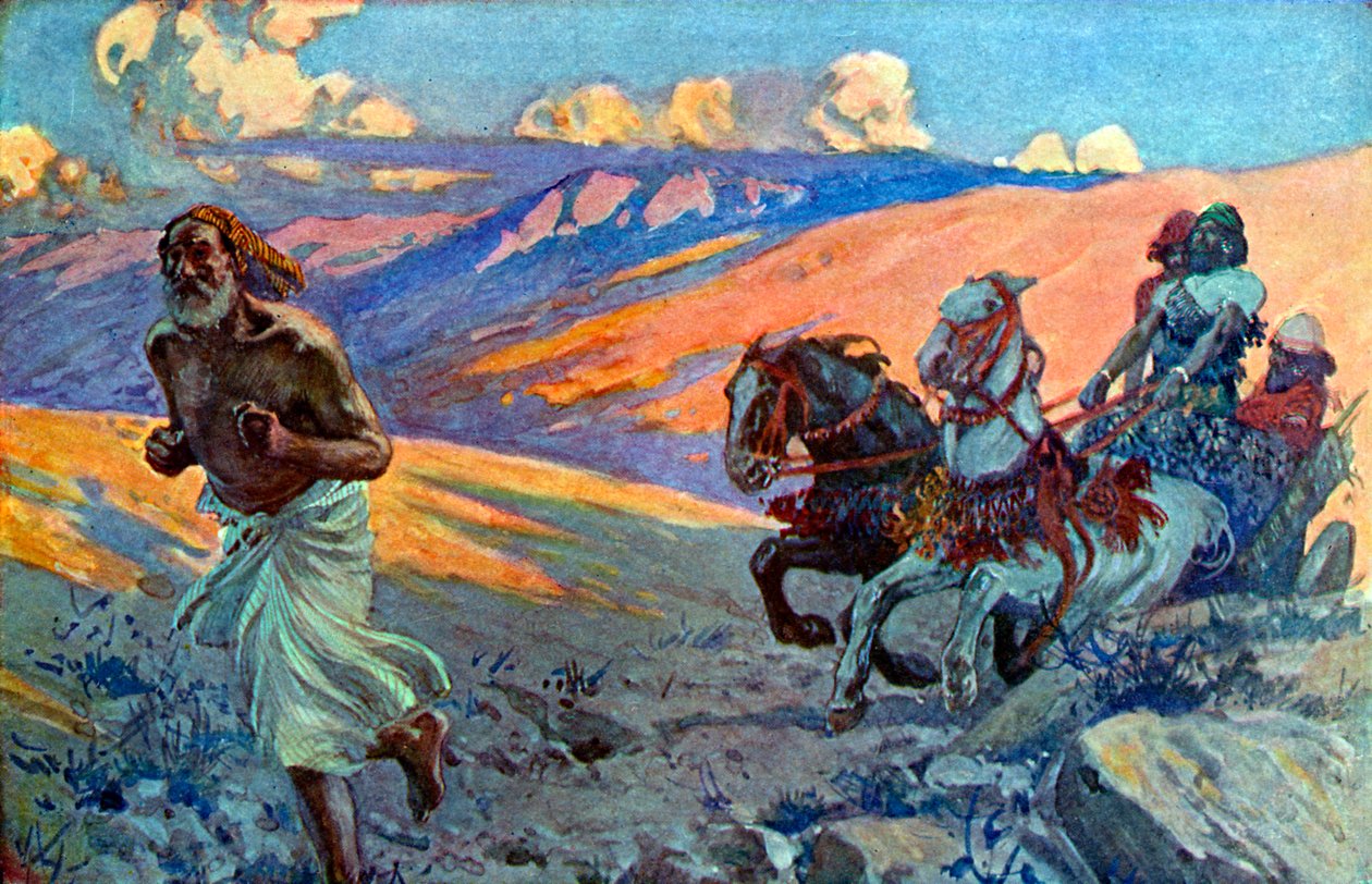 Elías corre delante del carro de Acab - Biblia de James Jacques Joseph after Tissot