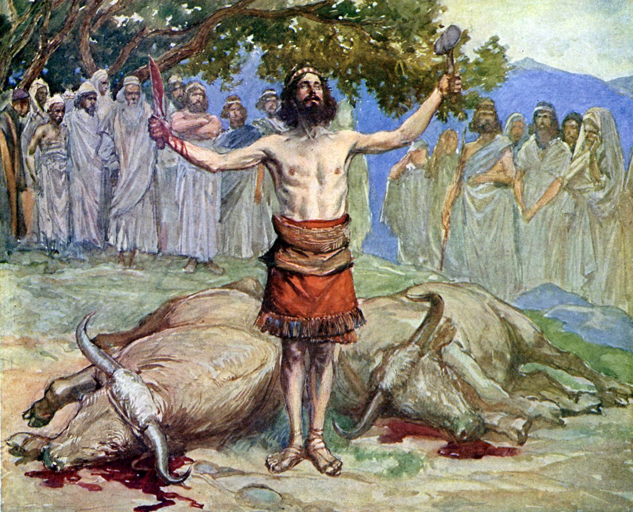 Saúl sacrifica los bueyes por J James Tissot - Biblia de James Jacques Joseph after Tissot