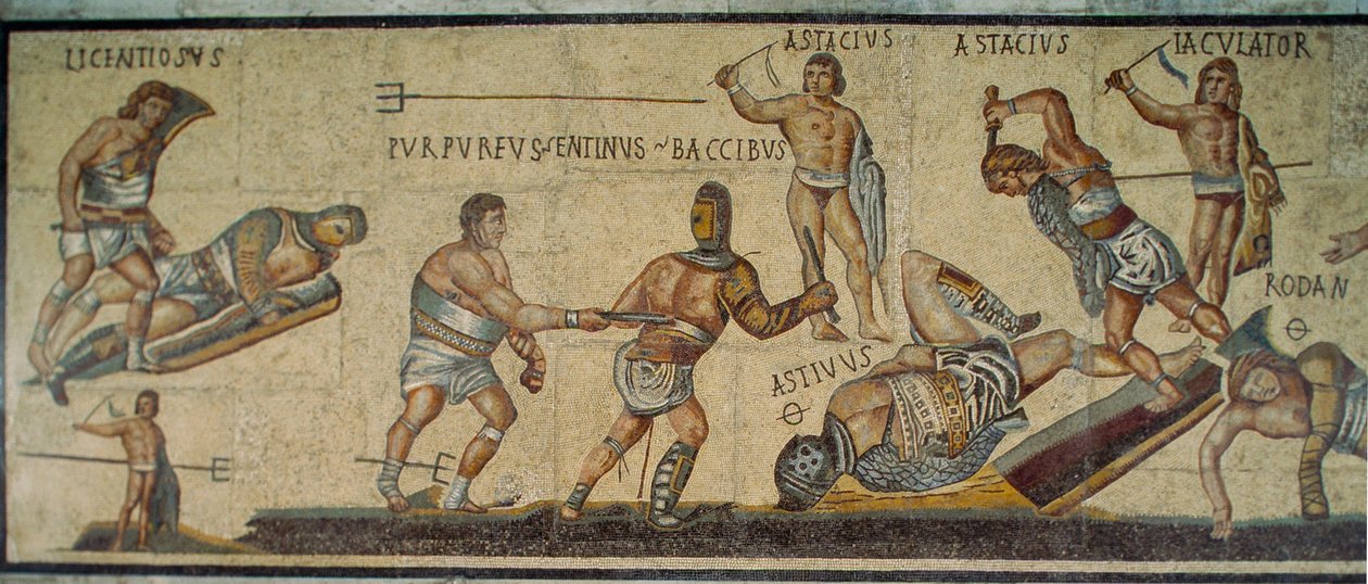 Mosaico romano que muestra a gladiadores luchando con diversas armas. Galería Borghese... de James L Stanfield