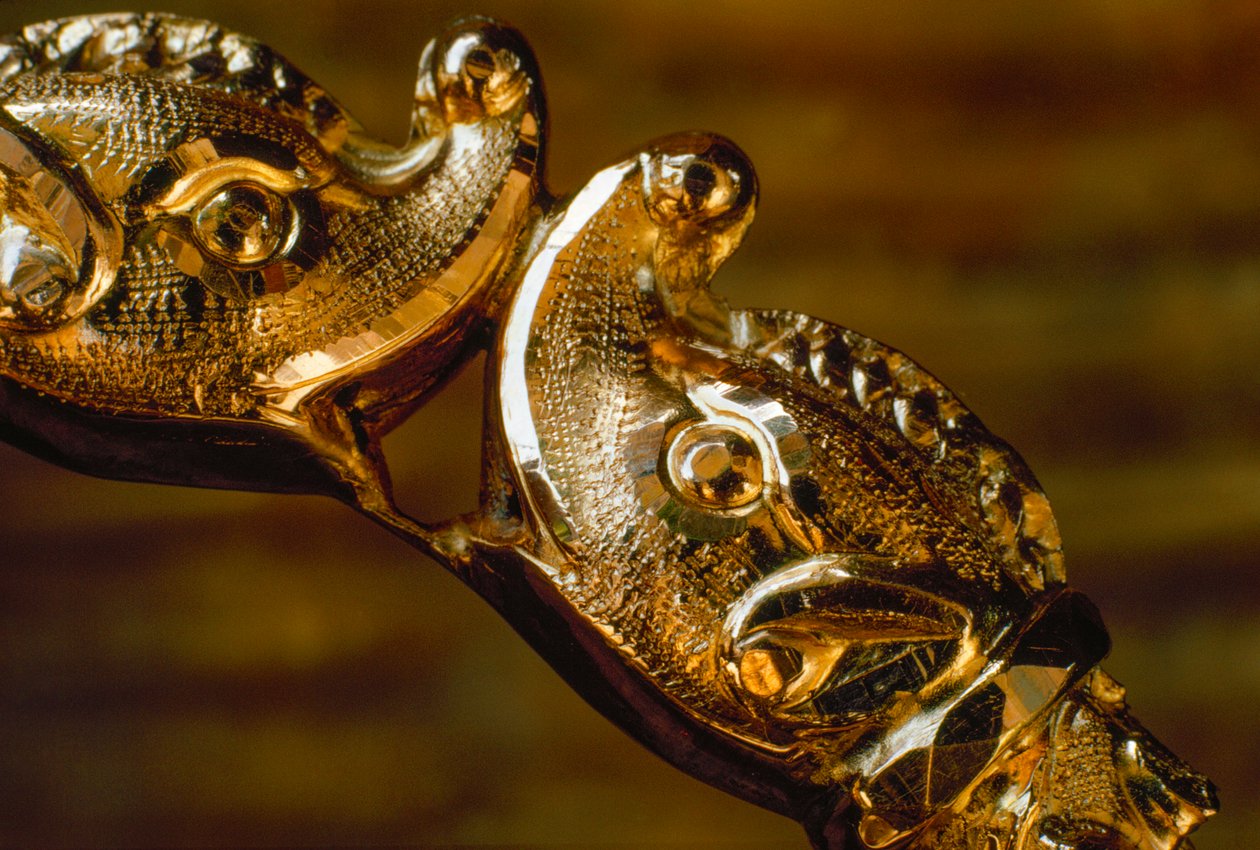 Una pulsera de oro hecha a mano con dos cabezas de tiburón chocando. América del Sur. de James L Stanfield