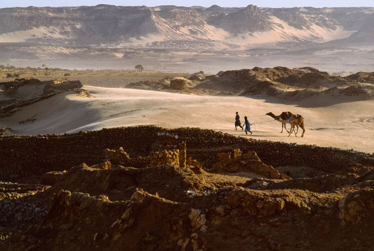 Camello con miembros de una caravana de la sal atraviesan una meseta desértica en BILMA, NÍGER. BILMA, NÍGER. de James L Stanfield