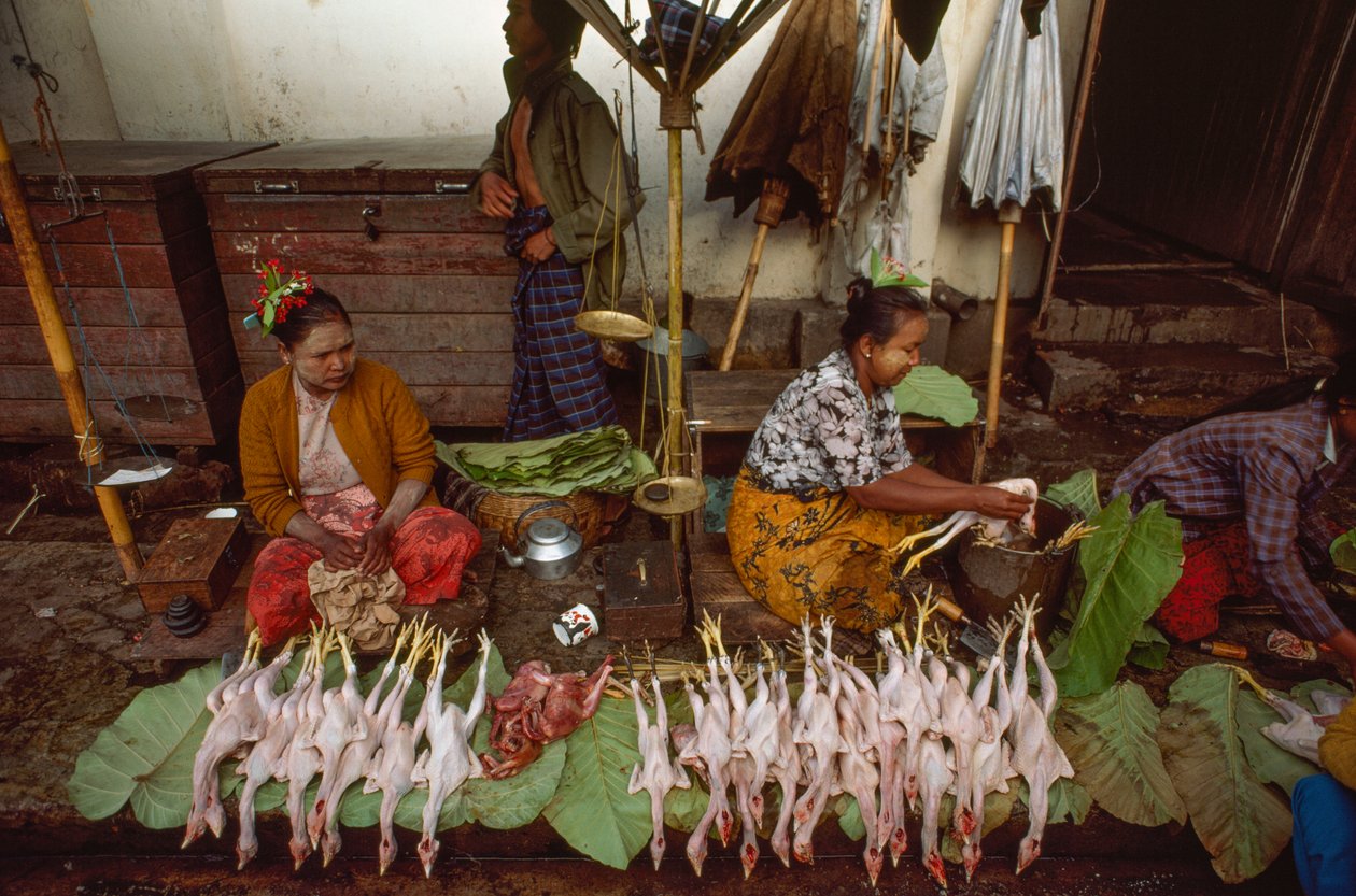 Vendedores de comida con la cara decorada con thanaka, corteza de árbol en polvo. Taunggyi, Birmania. de James L Stanfield