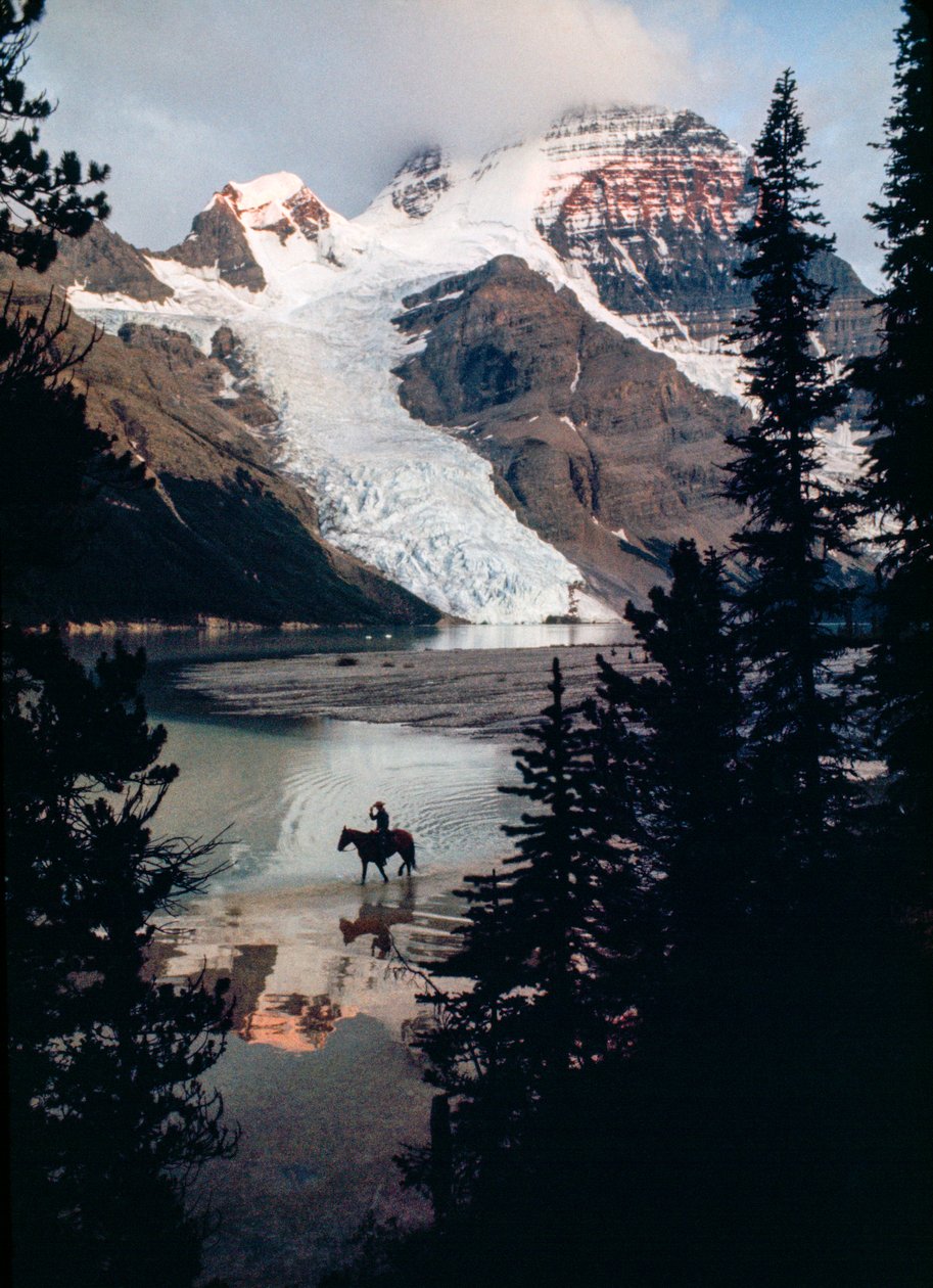 Caballo solitario y jinete reflexionan sobre un lago al pie del pico más alto de Canadá. Monte Robson... de James L Stanfield