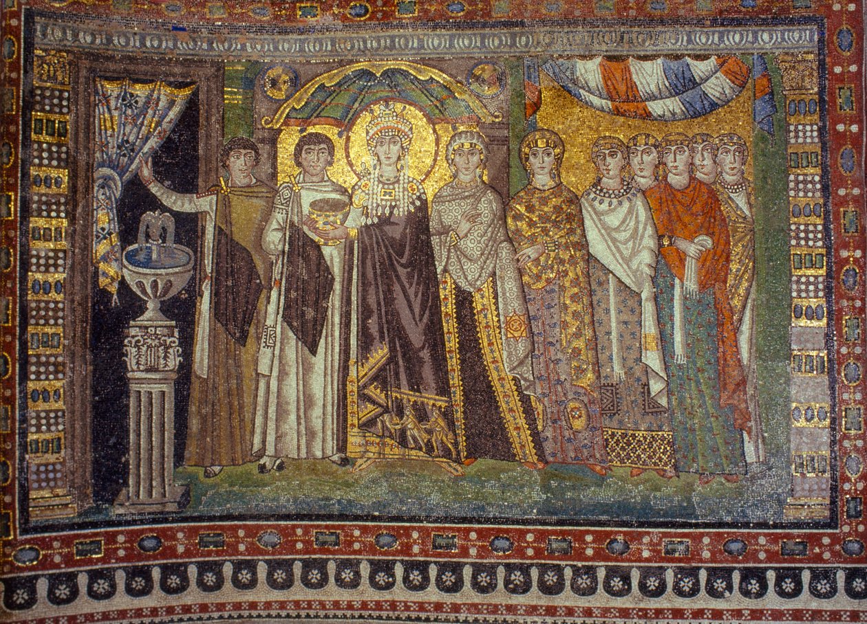 Los mosaicos muestran a la emperatriz Teodora flanqueada por sus asistentes. Iglesia de San Vitale, Rávena, Italia. de James L Stanfield