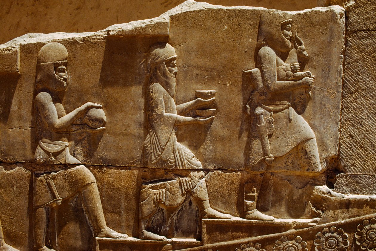 Escultura en relieve de hombres portando ofrendas en las murallas de Persépolis. Persépolis, Irán. de James L Stanfield