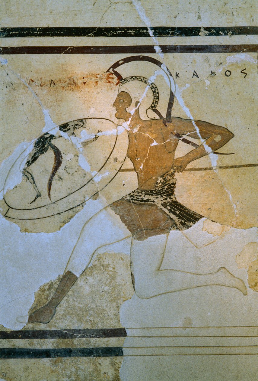 Fresco mural de un corredor de Hoplitodromos o hoplitodromia. Museo de la Acrópolis. Atenas, Grecia. de James L Stanfield