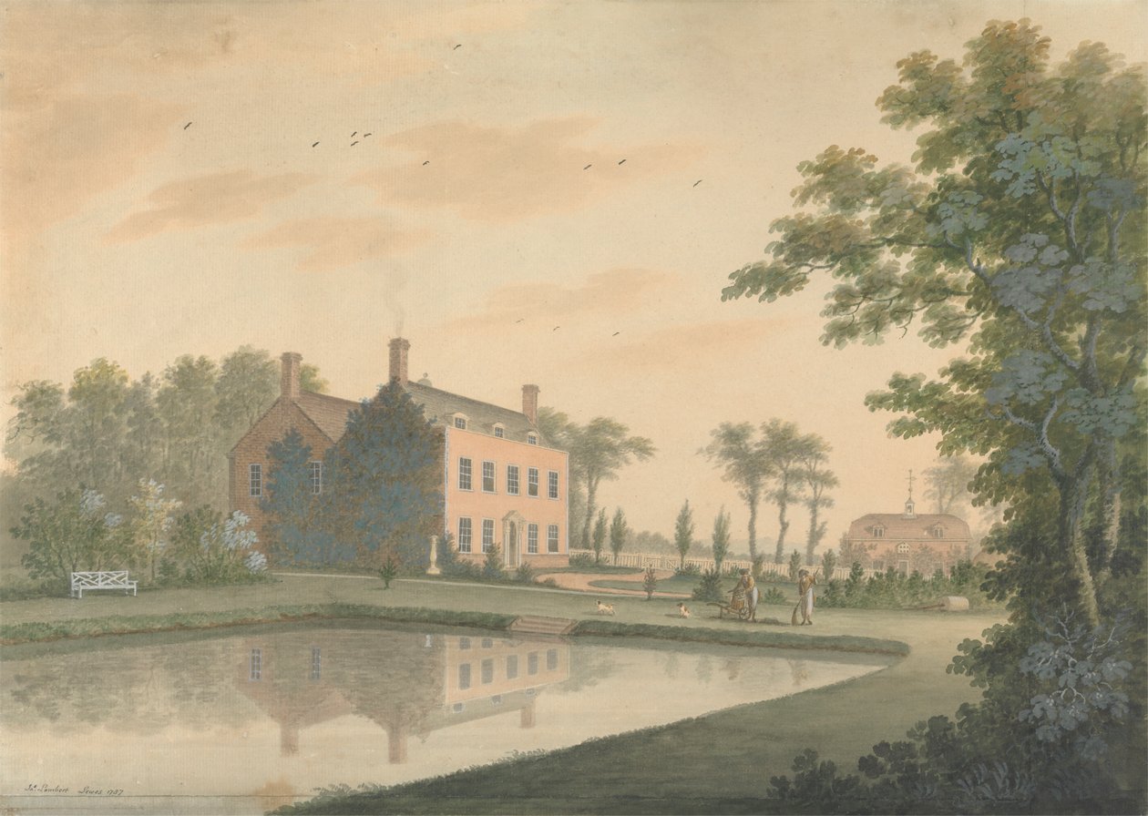 Vista sur de una casa en Ringmer con jardineros trabajando de James Lambert  of Lewes