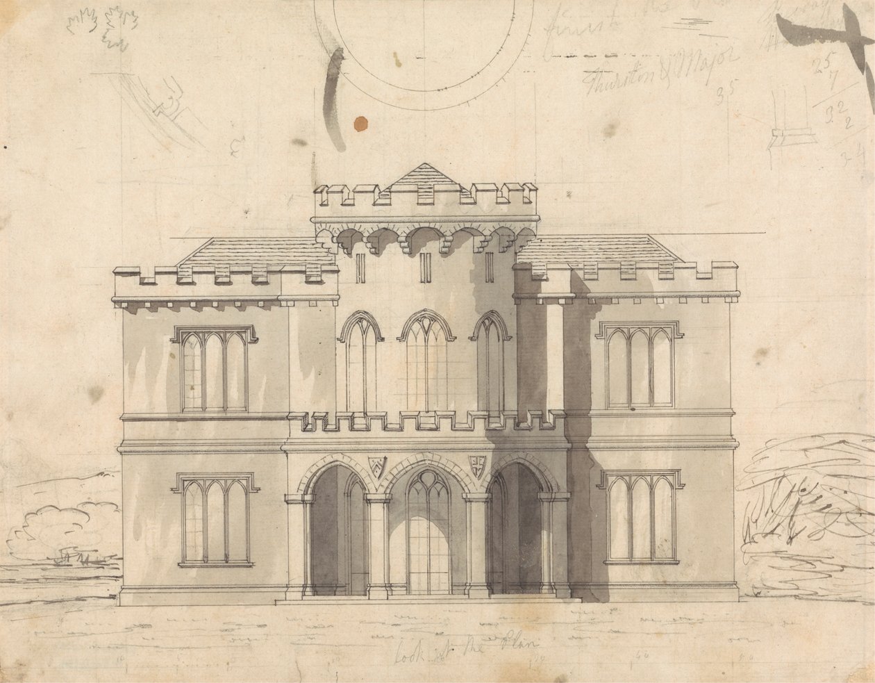 Dibujo preparatorio para el diseño 10, Lámina 7 de la Colección de diseños de retiros rurales de James Malton