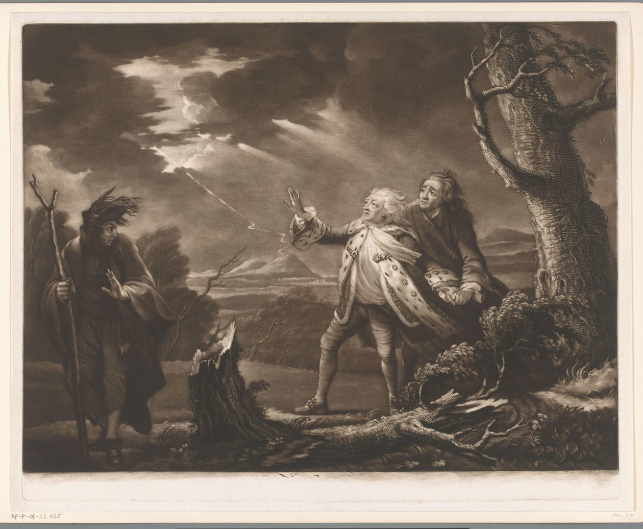 David Garrick como el Rey Lear con el Conde de Kent y Edgar disfrazado de Tom en un paisaje tormentoso de James McArdell
