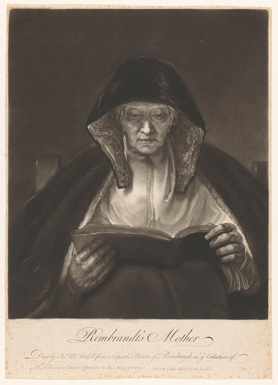Retrato de una anciana leyendo La madre de Rembrandt (título sobre el objeto) de James McArdell