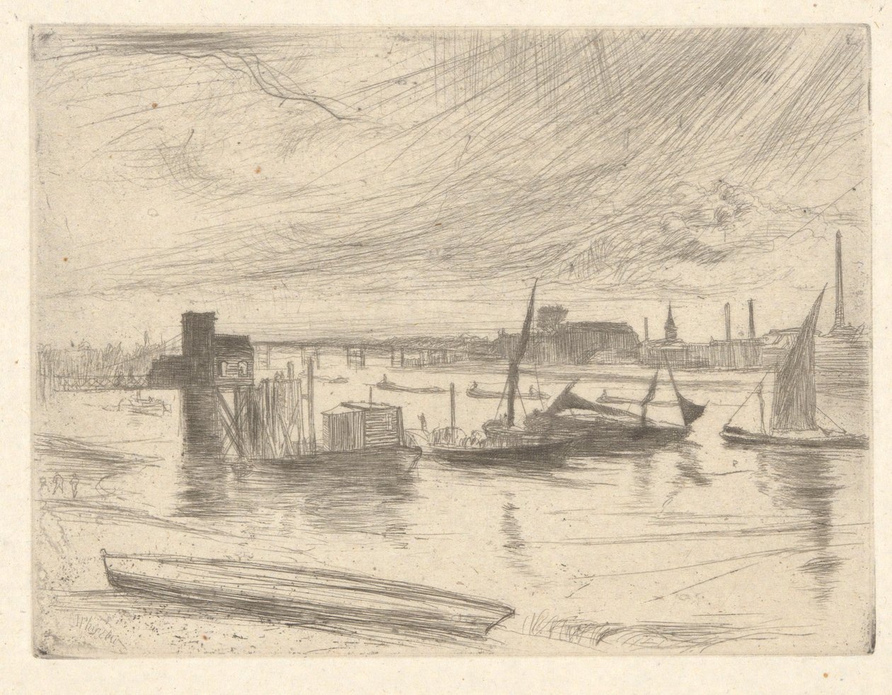Battersea Dawn (Cadogan Pier), from the Thames Set (Una serie de dieciséis grabados de escenas en el Támesis y otros temas) de James Abbott McNeill Whistler