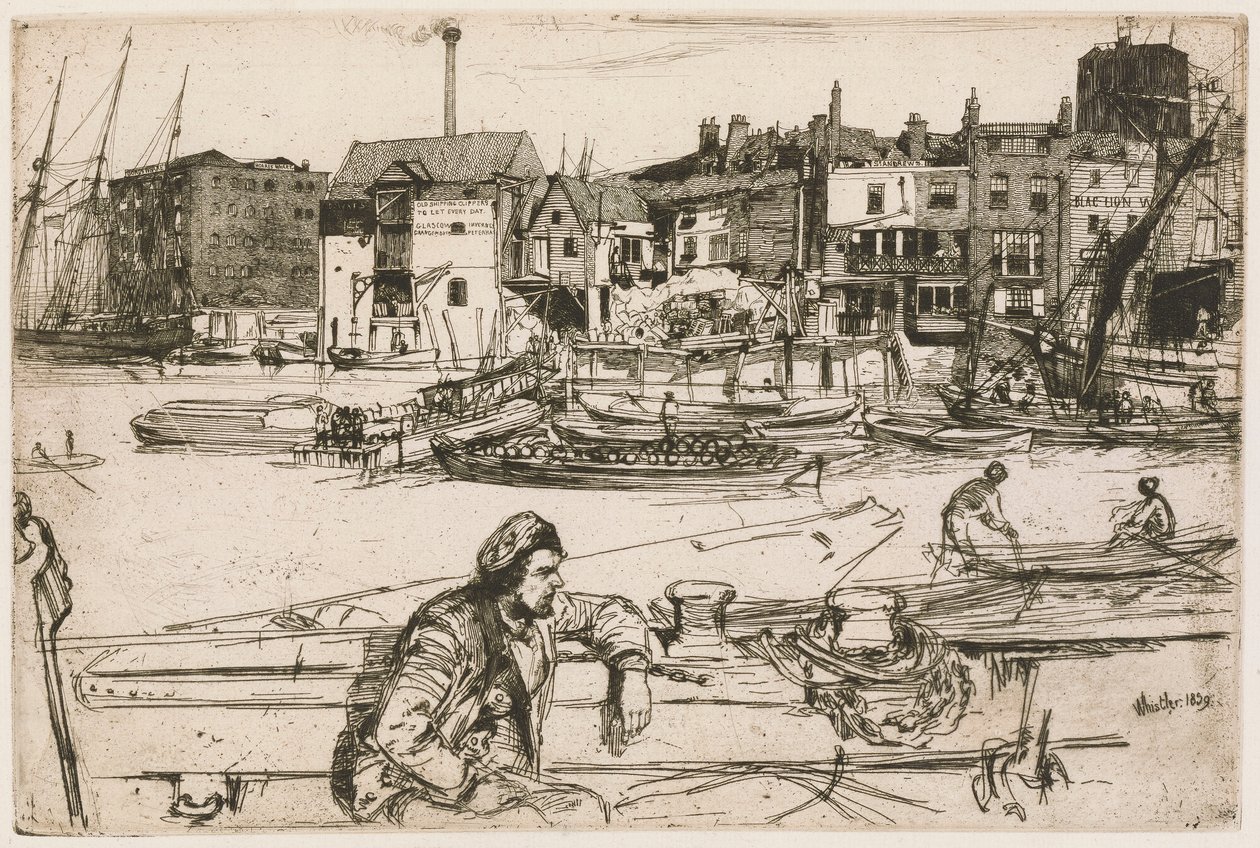 Black Lion Wharf, from the Thames Set (una serie de dieciséis grabados de escenas en el Támesis y otros temas) de James Abbott McNeill Whistler