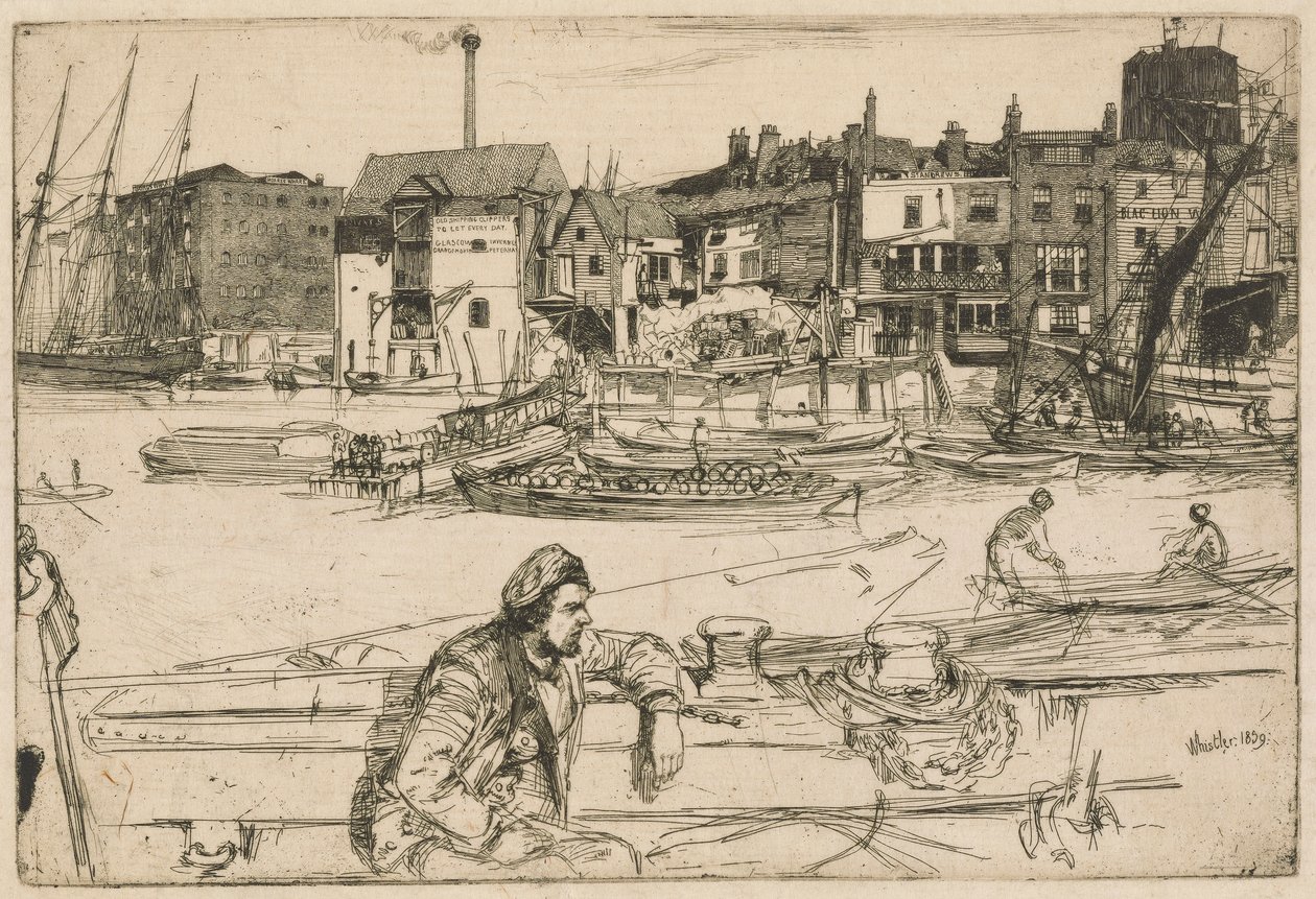 Black Lion Wharf, from the Thames Set (una serie de dieciséis grabados de escenas en el Támesis y otros temas) de James Abbott McNeill Whistler