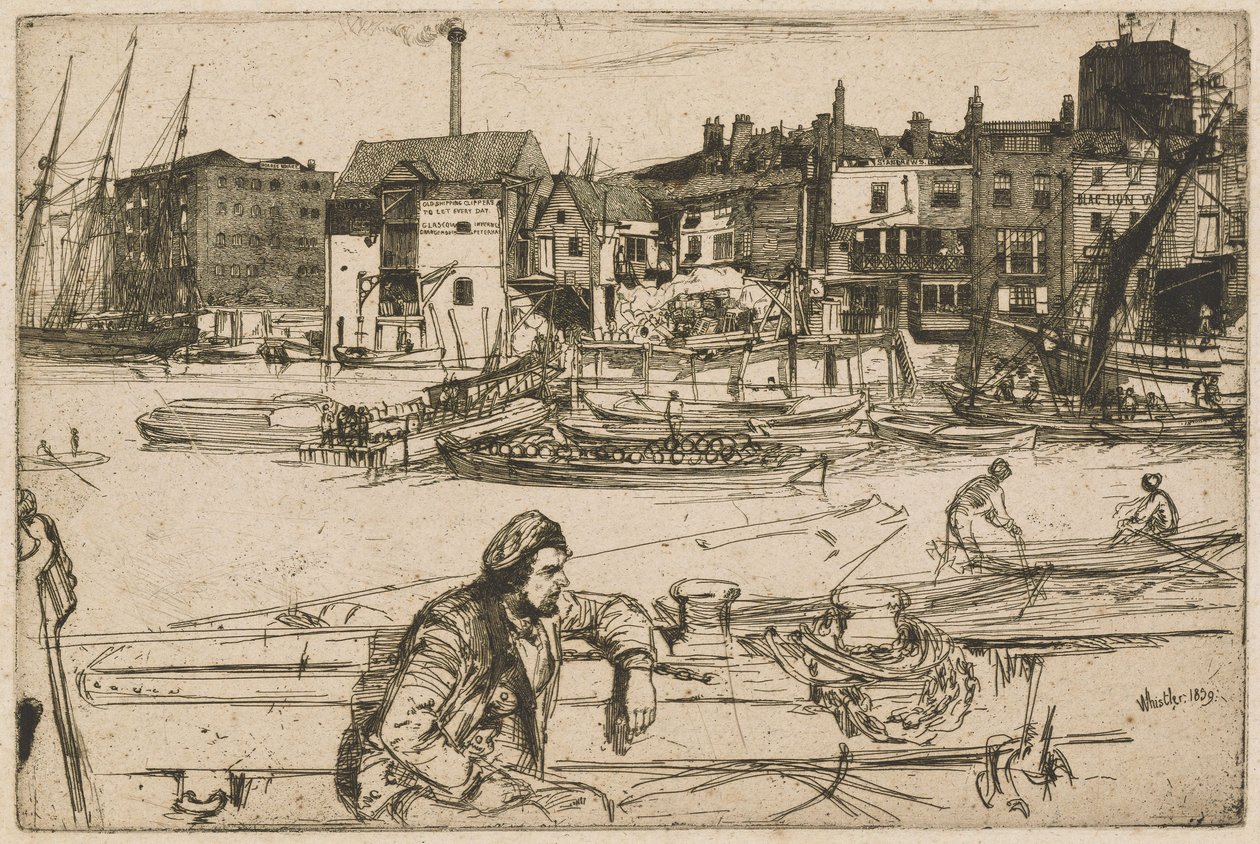 El muelle del León Negro, de la serie «El Támesis» (una serie de dieciséis grabados que representan escenas del Támesis y otros temas) de James McNeill Whistler