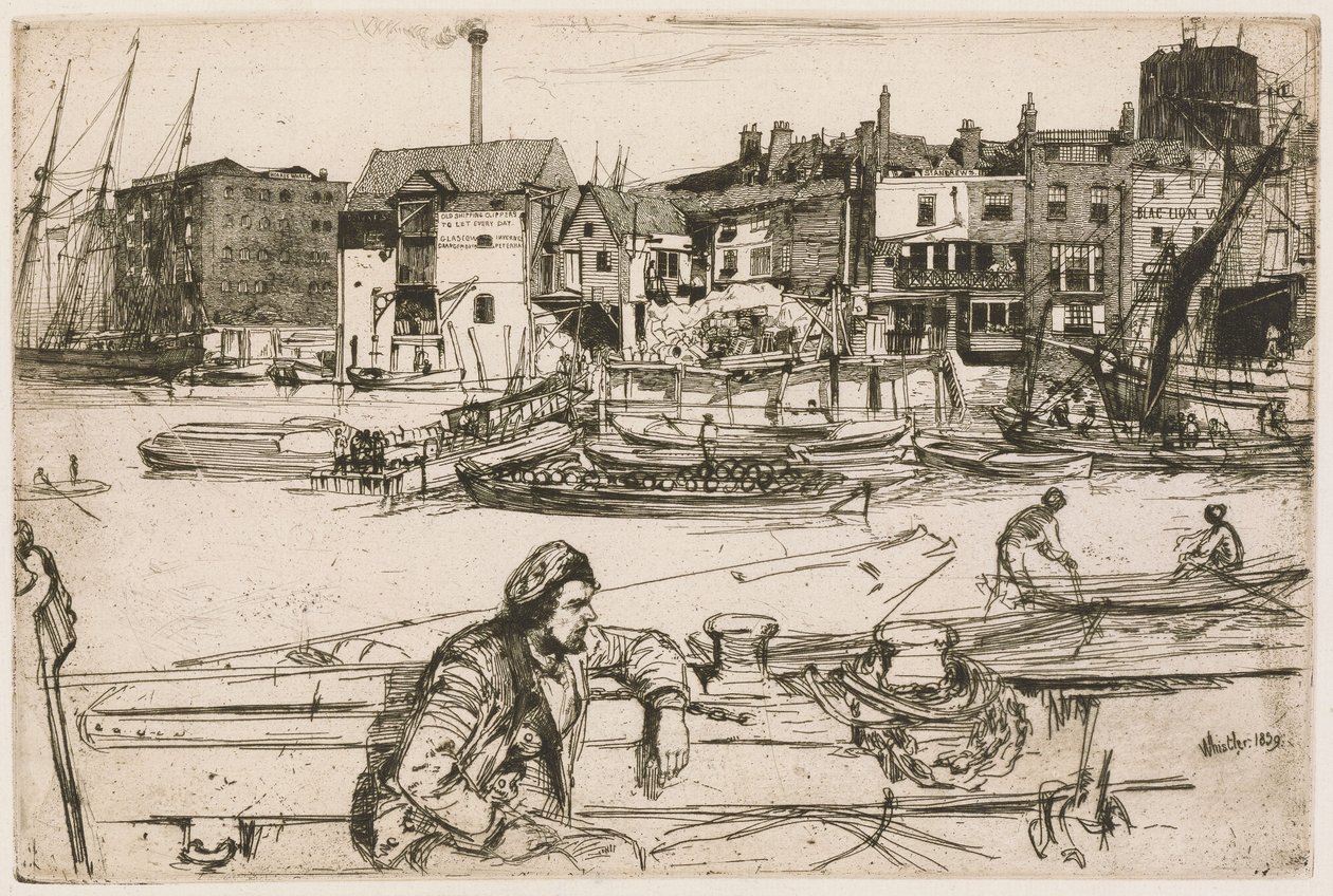 El muelle del León Negro, de la serie «El Támesis» (una serie de dieciséis grabados que representan escenas del Támesis y otros temas) de James McNeill Whistler