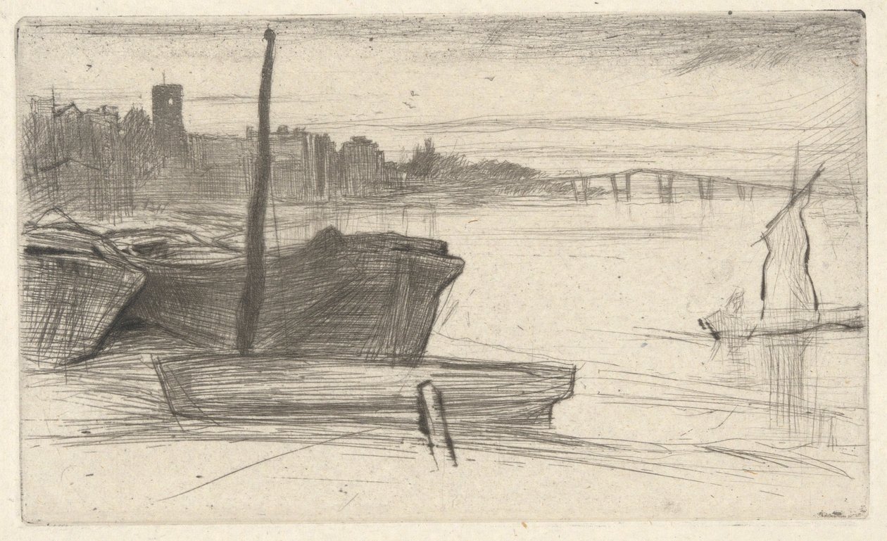 Chelsea Bridge and Church, from the Thames Set (una serie de dieciséis grabados de escenas en el Támesis y otros temas) de James Abbott McNeill Whistler