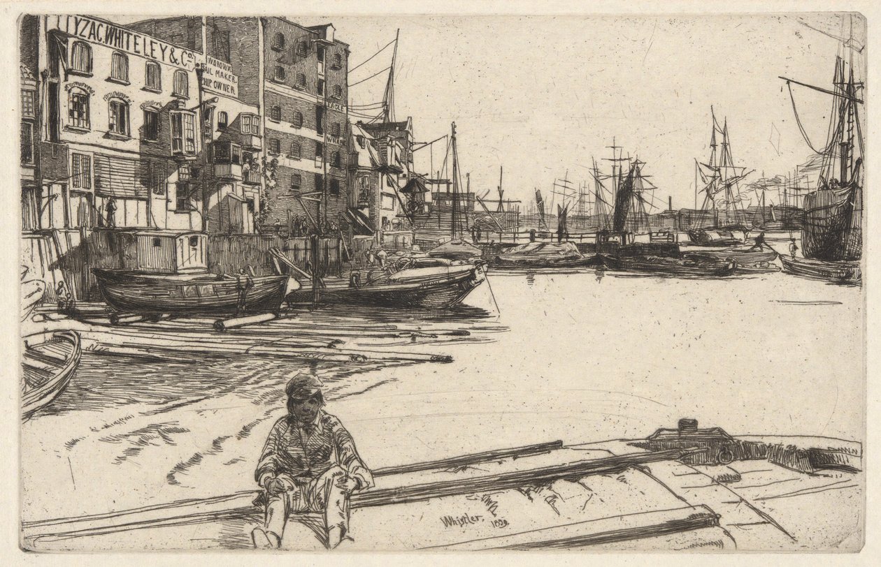 Eagle Wharf (Tyzac, Whiteley & Co.), from the Thames Set (una serie de dieciséis grabados de escenas en el Támesis y otros temas) de James Abbott McNeill Whistler