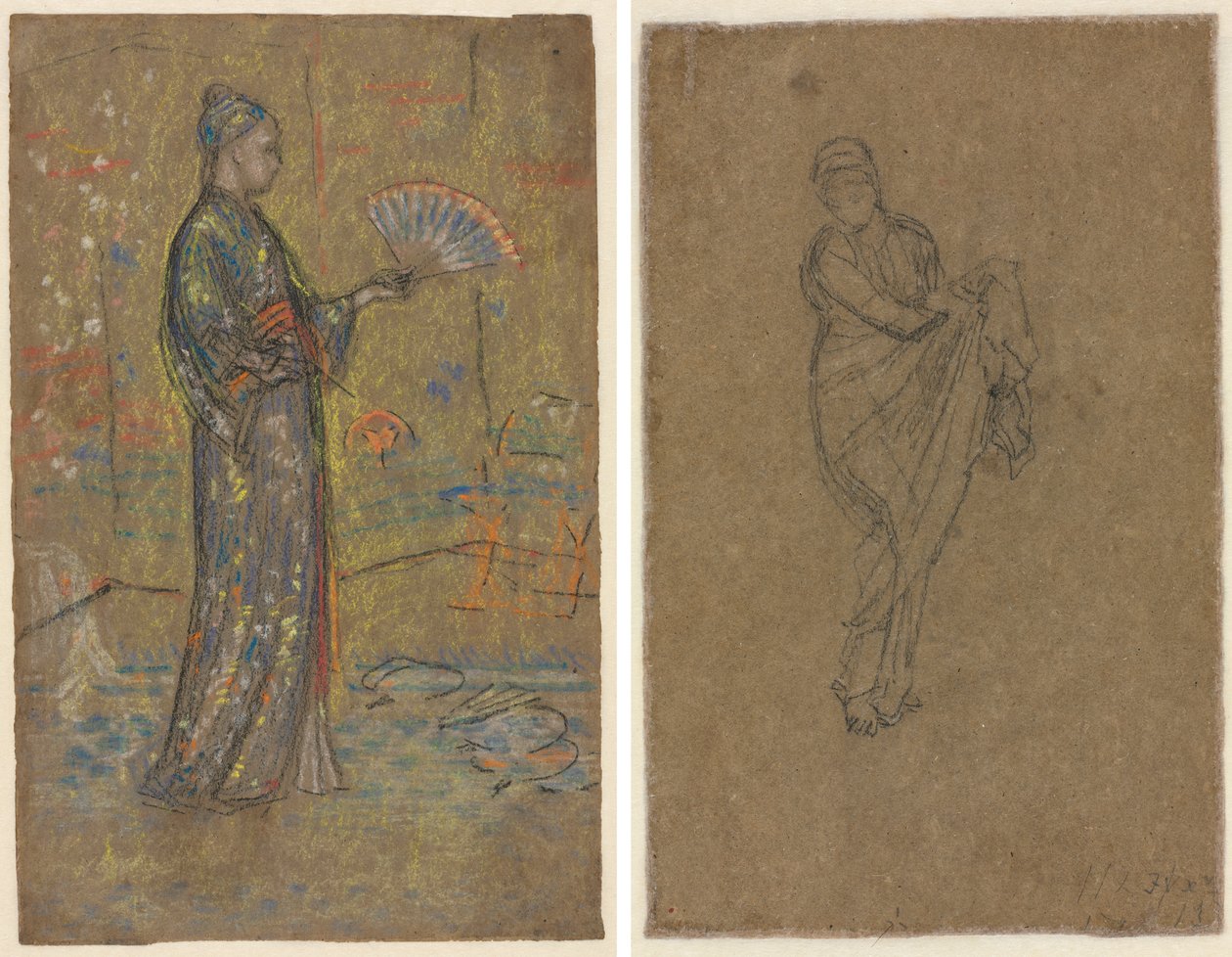 Mujer japonesa pintando un abanico (recto); mujer de pie levantando su vestido (verso) de James McNeill Whistler