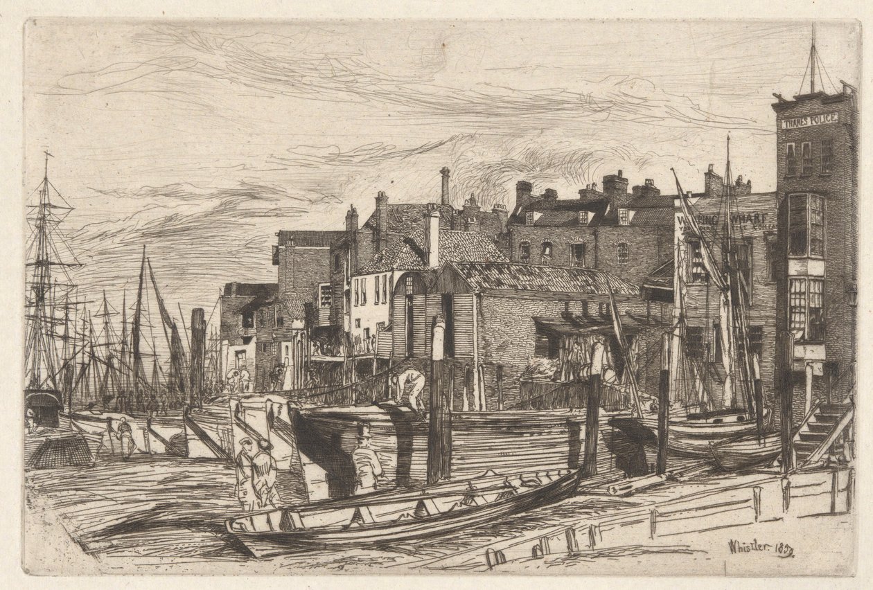 Thames Police (Wapping Wharf), from the Thames Set (Una serie de dieciséis grabados de escenas en el Támesis y otros temas) de James Abbott McNeill Whistler