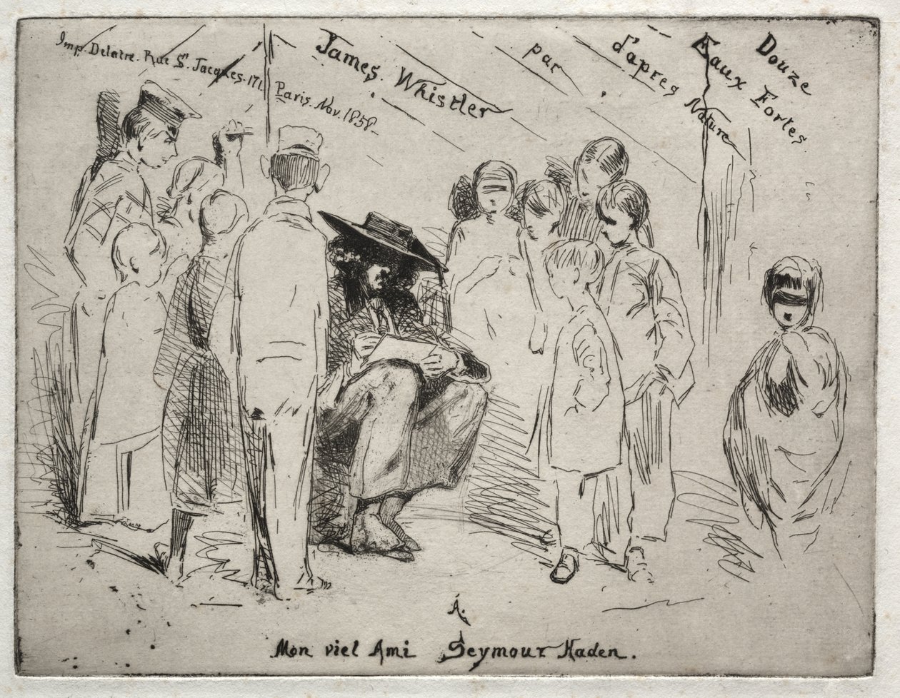 Doce aguafuertes del natural: portada - Delauney dibujando de James McNeill Whistler