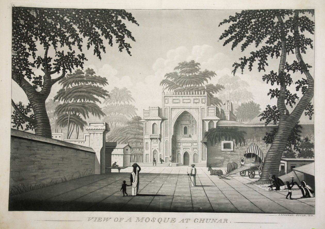 Vista de una mezquita en Chunar, pub. 1810 grabado de James Moffat