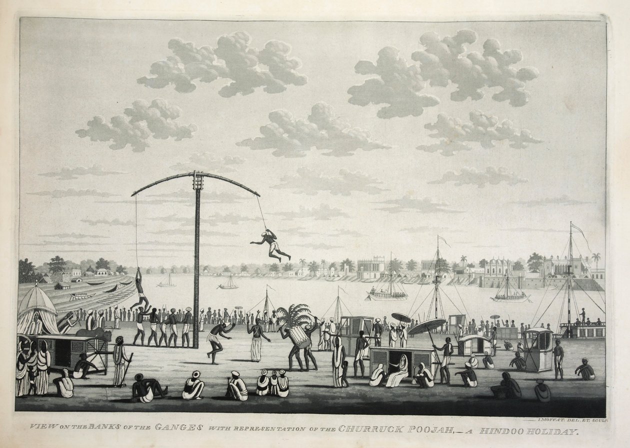 Vista en las orillas del Ganges con representación del Churruck Poojah, pub. 1810 grabado de James Moffat