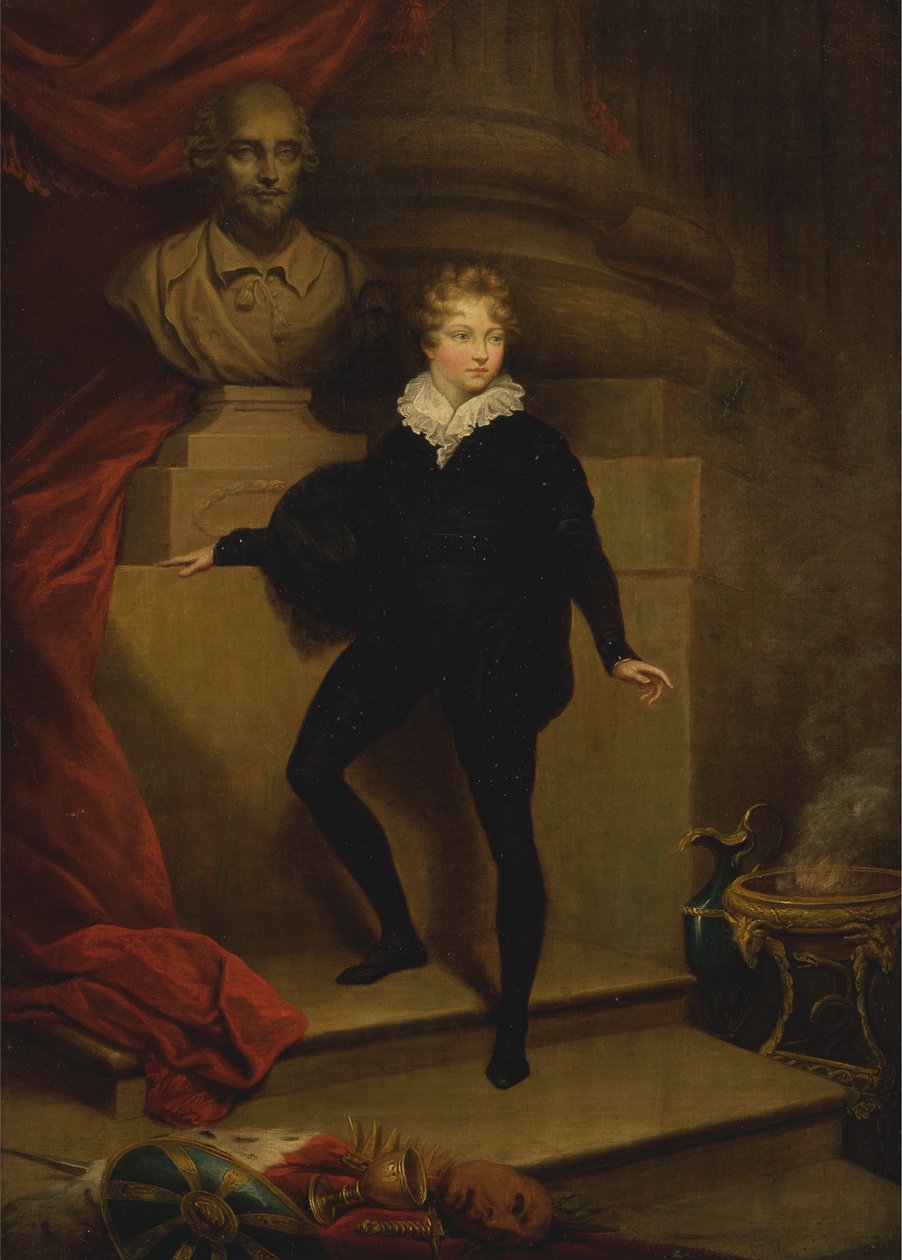 El maestro Betty como Hamlet, ante un busto de Shakespeare de James Northcote