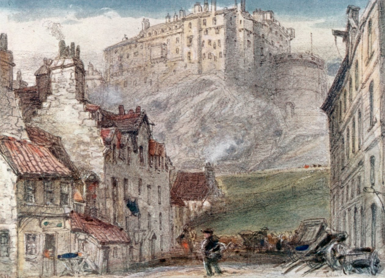 "Castillo de Edimburgo desde el mercado de hierba" (litografía en color) de James Orrock